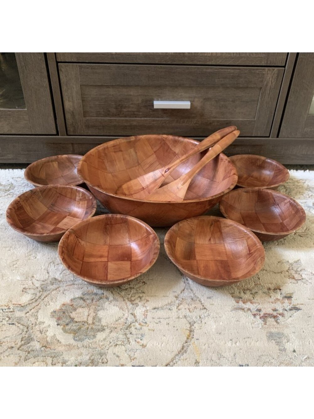 Vintage Wooden Salad Bowl Set 9 Pc Parquet Serving Bowl 6 Bowls Servers